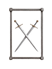Two crossed medieval swords within decorative frame representing history and craftsmanship