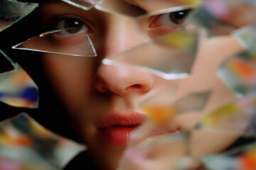 surreal representation of identity fragmentation showcasing person surrounded by shattered mirrors reflecting