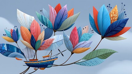 Whimsical Ship Sailing Through Colorful Floral Cloudscape Fantasy Art Digital Painting Illustration