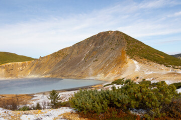Caldera of Golovnina volcano on Kunashir island. Winter. South Kuriles