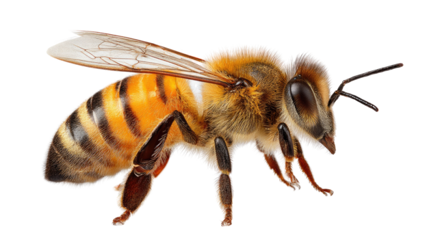 Honey Bee's Close-up: a detailed capture of an elegant honey bee exhibiting intricate wing patterns and vibrant coloration. An embodiment of diligent industry and pollinating role.