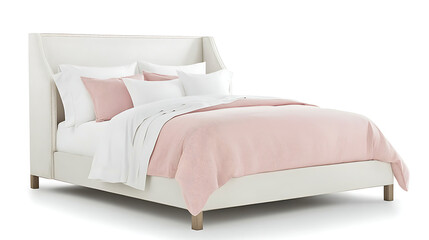 A white bed with pink sheets and a pink comforter