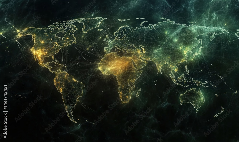 Poster illuminated world map with network connections and cosmic background