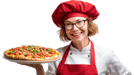 Chef Proudly Presenting Pizza: A smiling female chef, wearing a red toque and apron, proudly displays a delicious-looking pizza.