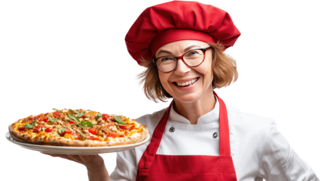 Chef Proudly Presenting Pizza: A smiling female chef, wearing a red toque and apron, proudly displays a delicious-looking pizza.