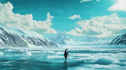 Majestic penguin strolls across icy expanse.  A lone penguin wades across frozen arctic waters.  Vast mountain ranges, pristine white ice, and a clear, cerulean sky surround it