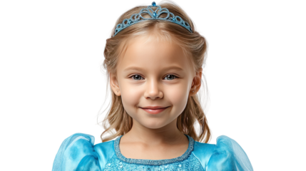 Radiant Royalty: A young girl embodying elegance and grace. Dressed as a princess, wearing a dazzling tiara, radiates an innocent smile, conveying beauty and purity.