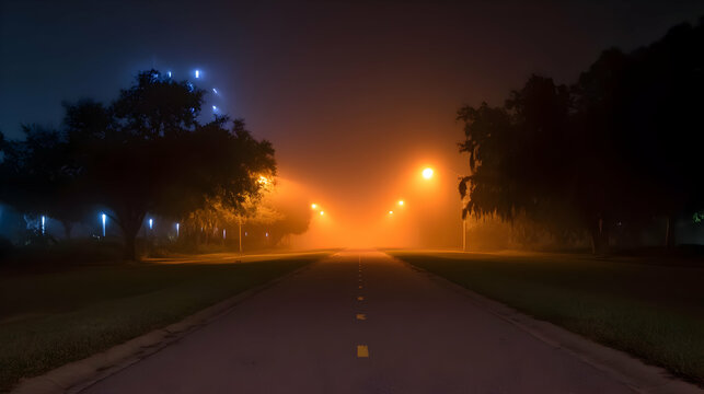 city street with fog, warm backlight, and empty sidewalks