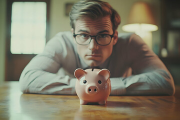 Close-up of a pensive man with a piggy bank.