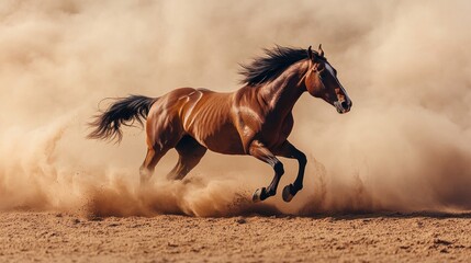 Magnificent chestnut horse galloping powerfully through a dust cloud arena