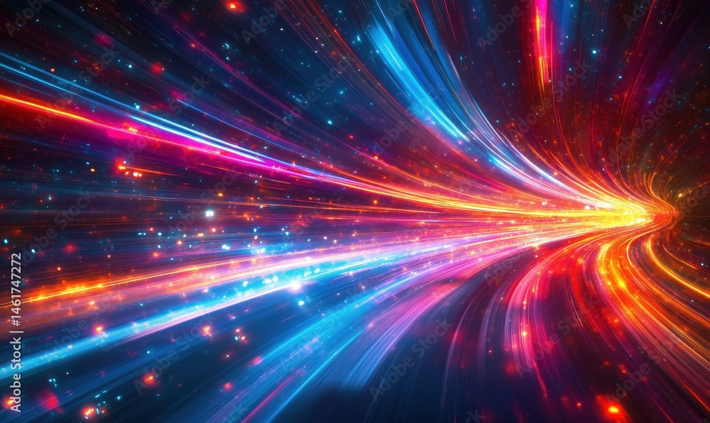 Poster vibrant light trails creating dynamic motion in abstract space environment