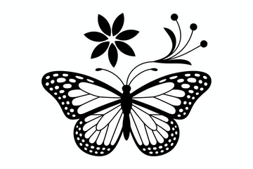 Butterfly and Flower Silhouette - Elegant Black and White Vector Illustration

