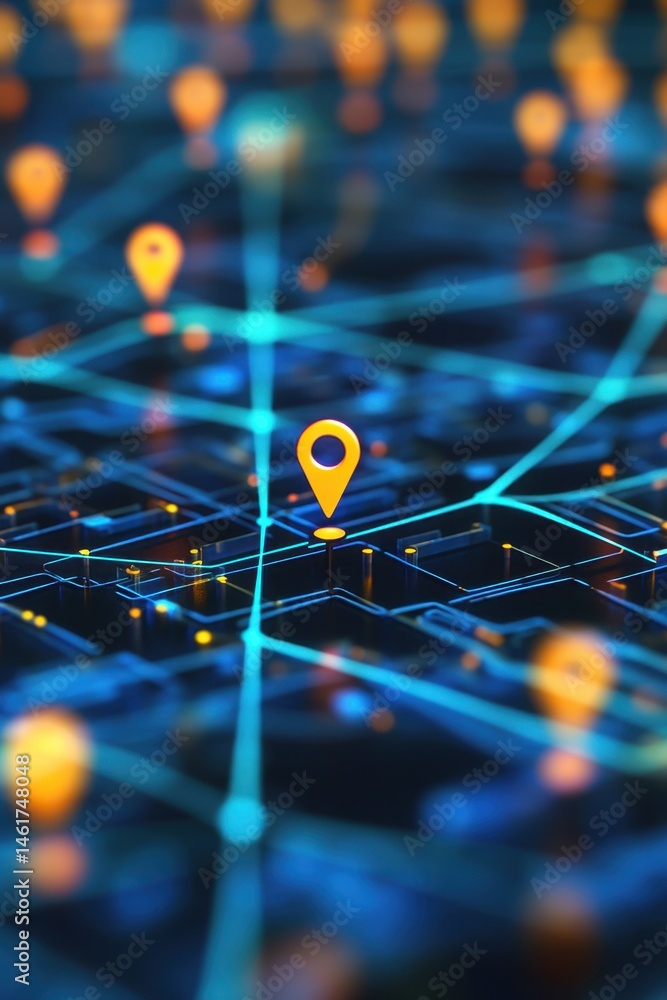 Poster abstract digital network with location pins representing connectivity and navigation in a modern sty