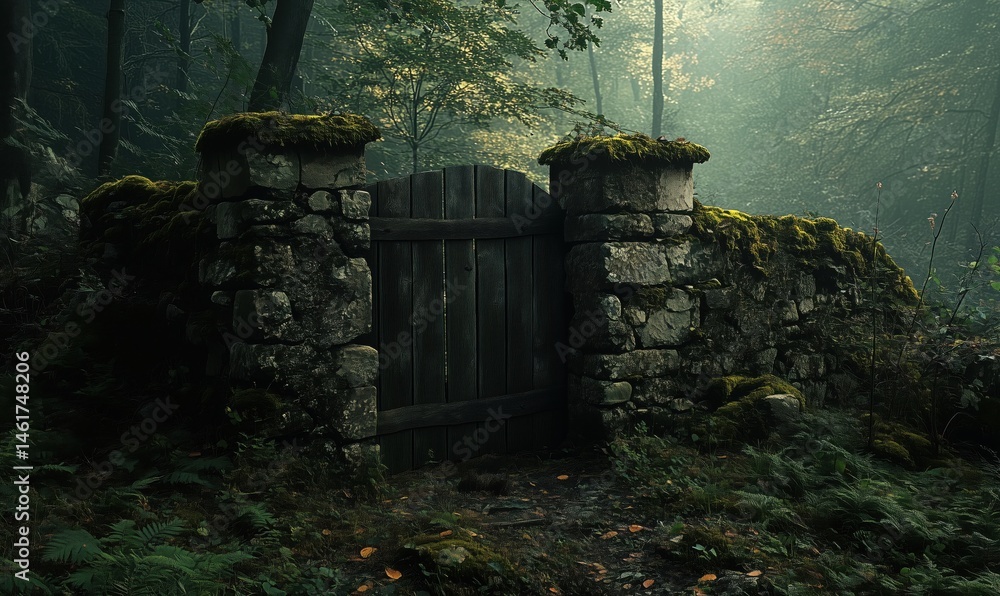 Poster mysterious moss-covered stone gate in enchanting forest setting
