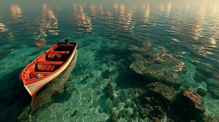Obraz premium Tranquil Boat on Clear Waters with Sun Reflection and Rocks