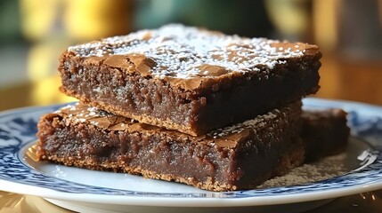 A delightful stack of two fudgy brownies, sprinkled with powdered sugar on a pretty plate.