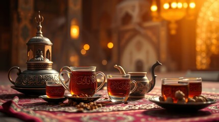 Fototapeta premium Serene still life captures the essence of spiritual reflection with vibrant teaware and rising steam