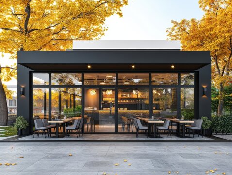 Modern cafe exterior in autumn with outdoor seating and large windows showcasing interior design