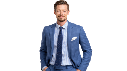 Confident Professional Portrait: A handsome professional exudes confidence in a meticulously tailored blue suit, radiating a sense of approachability and capability.