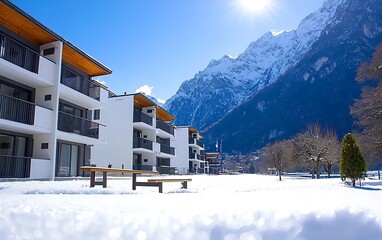 Modern snow-covered apartments nestled in alpine mountains
