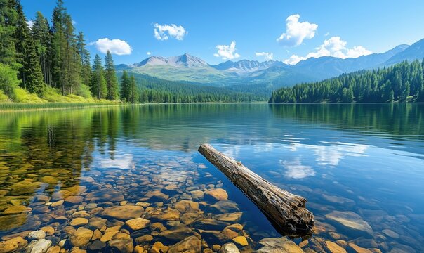 Serene mountain lake with clear water and reflections of trees and mountains
