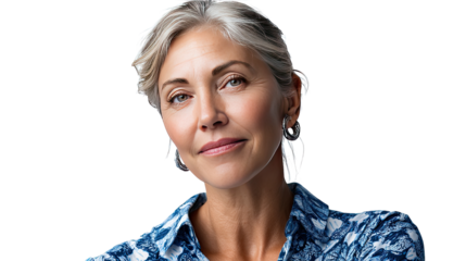 Graceful Portrait of a Mature Woman: A portrait of a mature woman with silver hair looking forward. capturing the beauty of the aging process and the wisdom of experience.