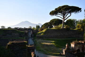 Park archeologiczny w Pompejach z Wezuwiuszem w tle. Pompeje, Italia