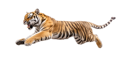 Fierce jumping tiger displaying powerful stripes and intense focus in mid flight action