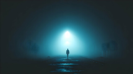 Fototapeta premium with a lone person walking toward distant light