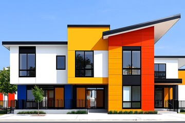 Colorful modern townhouses under a clear sky