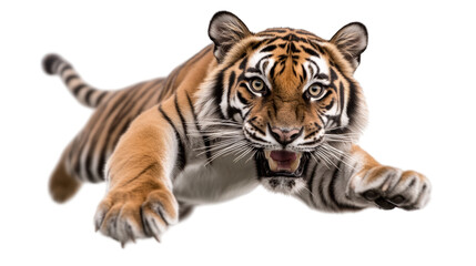 Powerful tiger leaping forward with intense focus and sharp claws in action