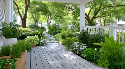 Obraz premium Serene Backyard Garden Path Lush Greenery Stone Walkway Deck Landscaping