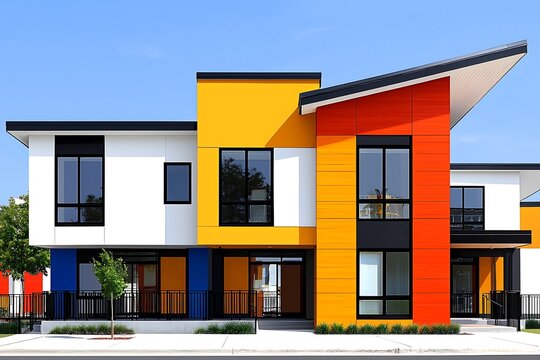 Colorful modern townhouses under a clear sky - Powered by Adobe
