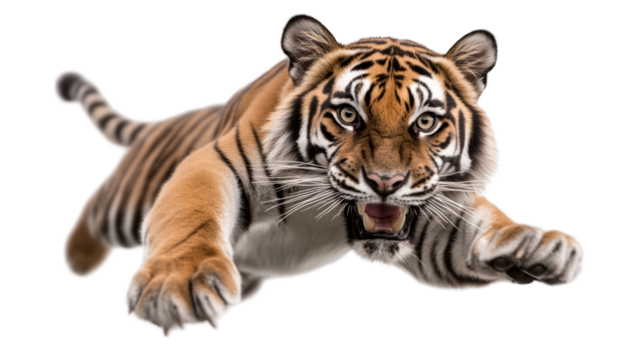 Powerful tiger leaping forward with intense focus and sharp claws in action