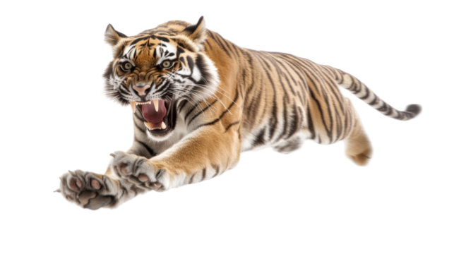 Powerful tiger leaping forward with wide open mouth and sharp eyes focused on target
