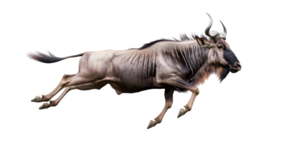 Magnificent wildebeest in mid-air leap showcasing strength and agility while running forward