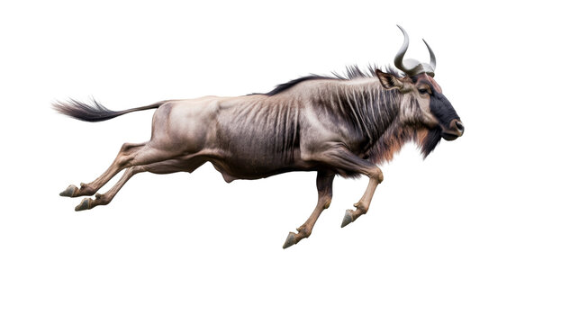 Magnificent wildebeest in mid-air leap showcasing strength and agility while running forward
