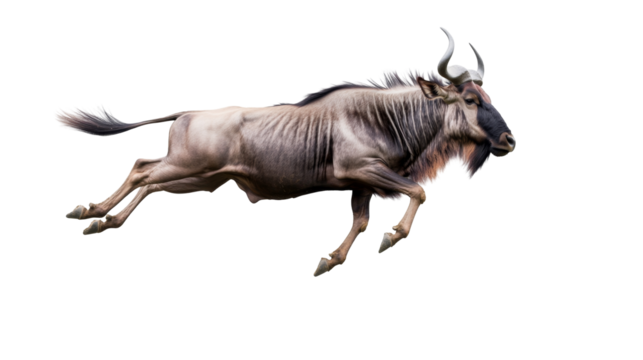 Magnificent wildebeest in mid-air leap showcasing strength and agility while running forward