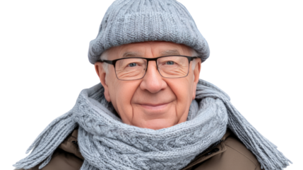 Winter Comfort: A serene elderly man, adorned in a cozy knit hat and scarf, wears spectacles and embodies winter charm. The portrait reveals a warm expression.