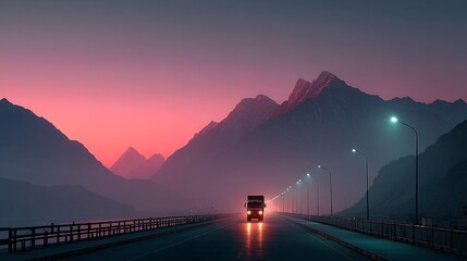 Obraz premium Truck Driving on Road Through Mountain Landscape at Dusk Light