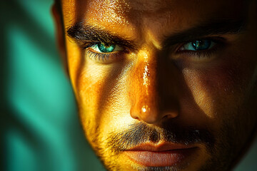 Close-up portrait of a man with intense gaze and vibrant eyes.