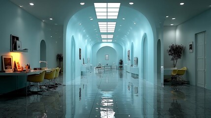 Fototapeta premium Modern Office Interior with Bright Blue Walls and Reflective Floor