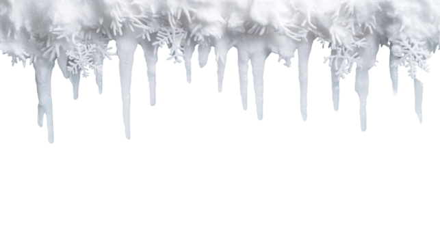 Icicles and snowflakes hanging from frozen edge create winter wonderland