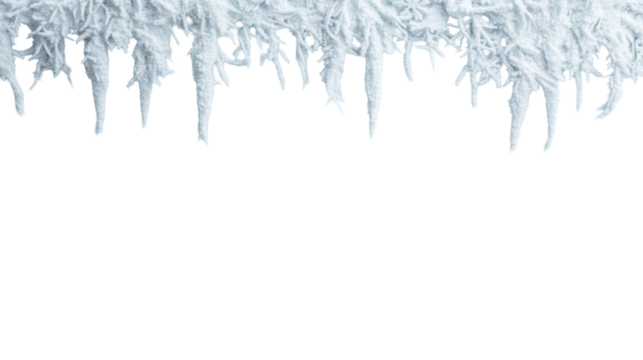 Elegant white icicles hanging in a row with sharp tips under natural light