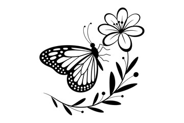 Butterfly and Flower Silhouette - Elegant Black and White Vector Illustration

