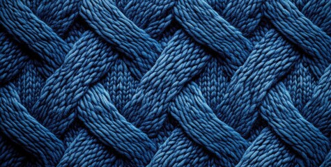 Close-up view of a detailed knitted background featuring an intricate cable pattern in deep blue shades