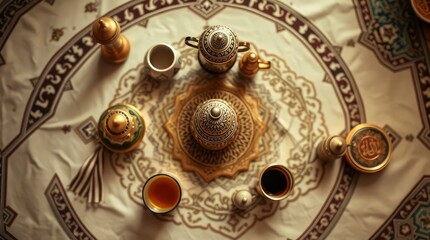 Overhead view of ornate golden vessels, cups, and pots arranged symmetrically on a patterned cloth.