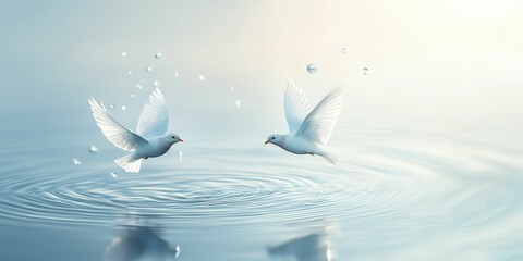 Realistic charms hovering in dreamy symmetry above pastel water ripples.