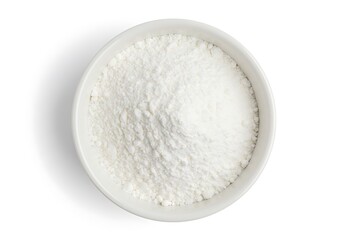 Aerial view of a white bowl filled with a powdery substance on a plain white background studio shot