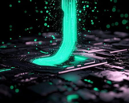 Futuristic circuit board with glowing teal energy